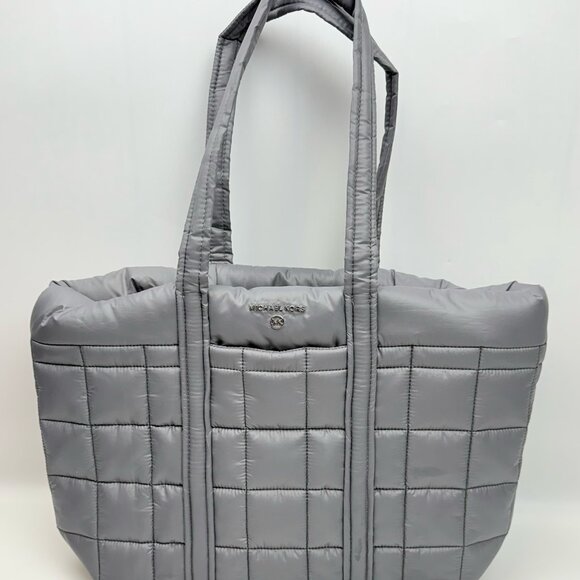 MICHAEL KORS Stirling quilted recycled nylon puffy LARGE travel tote bag -GREY - Picture 1 of 8